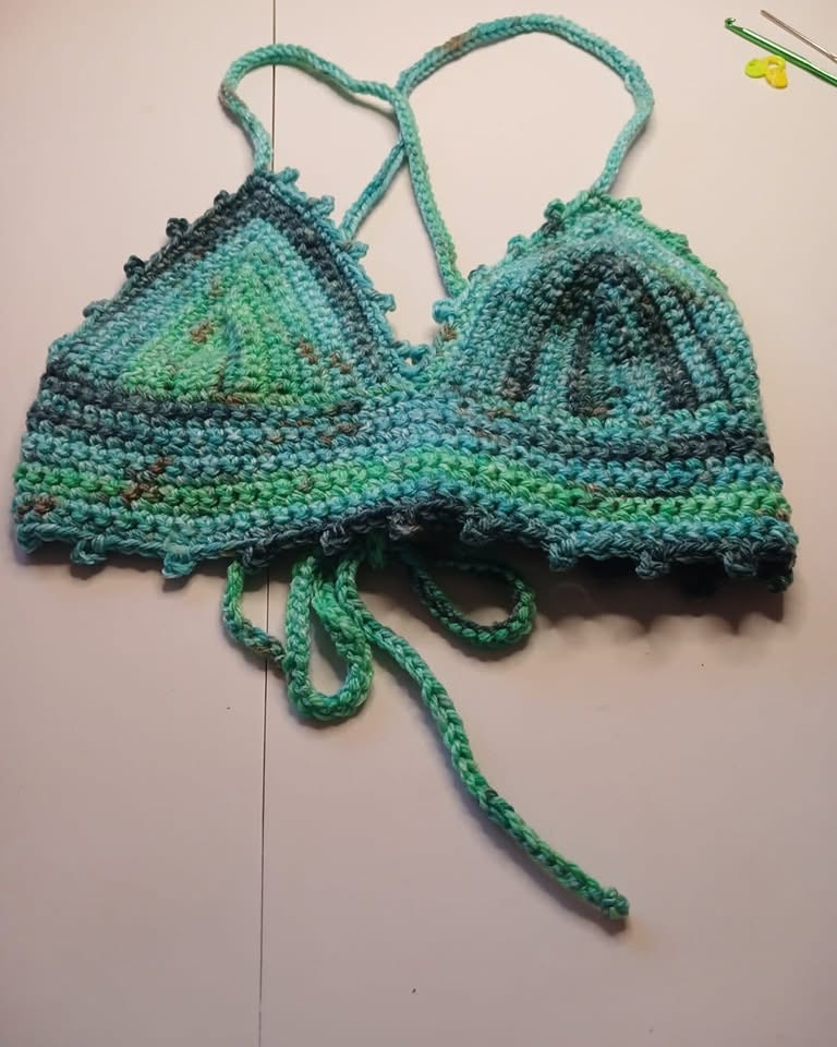 Green and teal crochet bralette top with tie back